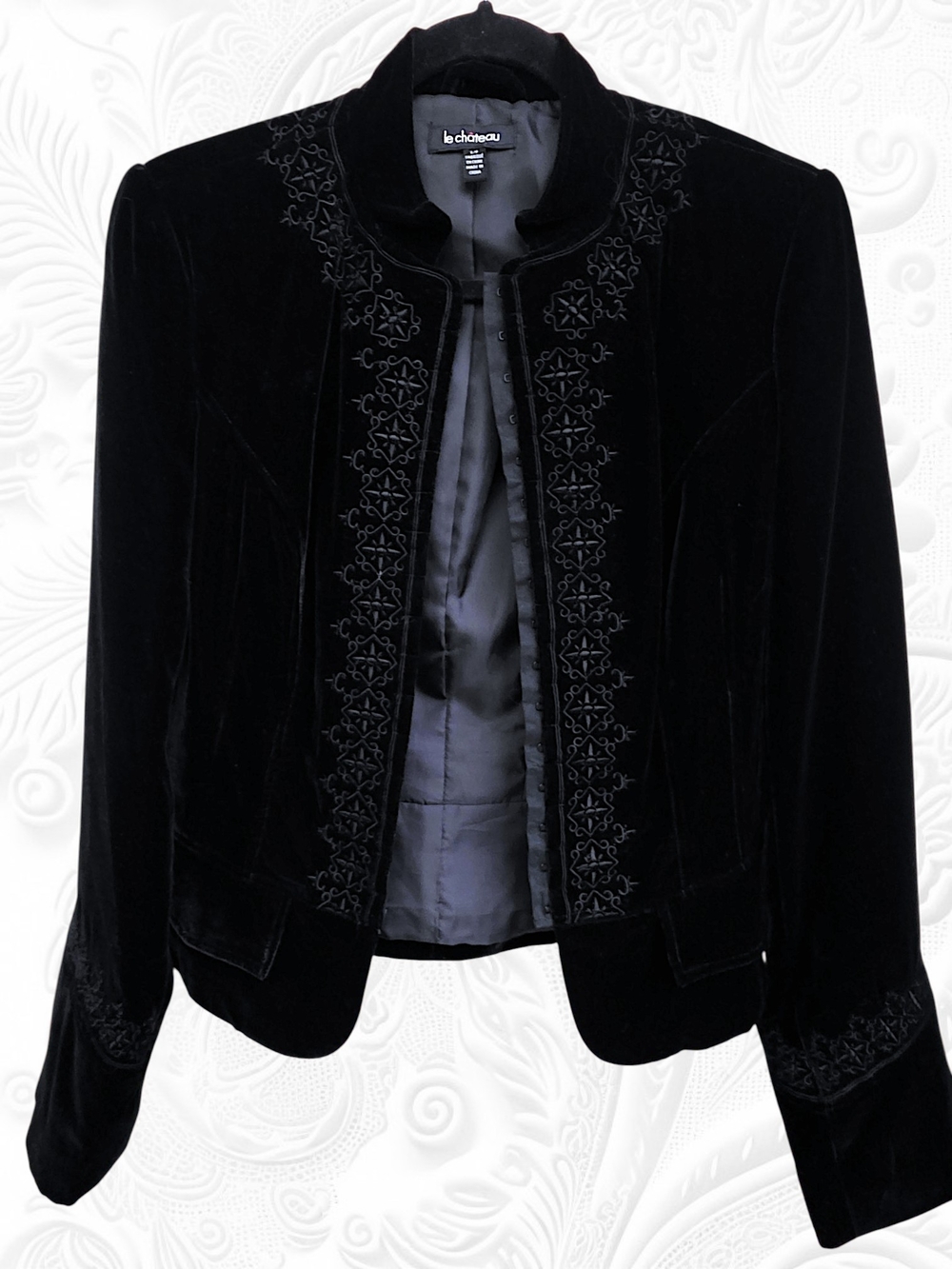 Vintage Le Chateau Black Velvet Embroidered Hook & Eye Corset Jacket Size Small